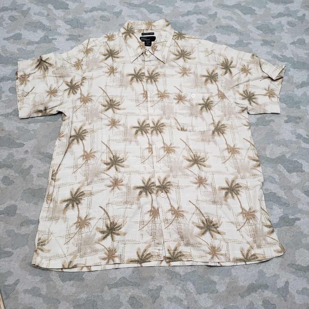 Marc Edwards Shirt Mens XL Beige Palm Tree Beach Short Sleeve Button-Up Vacation